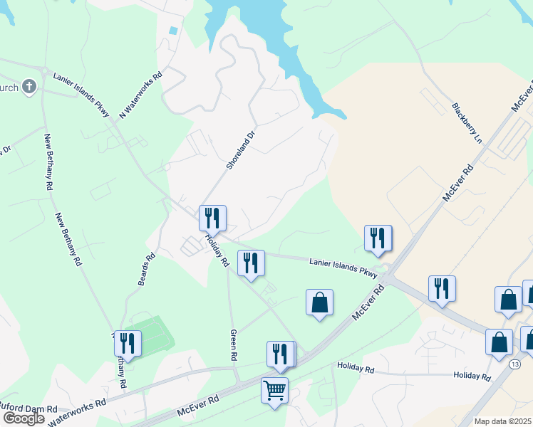 map of restaurants, bars, coffee shops, grocery stores, and more near 3200 Lee Drive in Buford