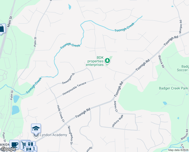 map of restaurants, bars, coffee shops, grocery stores, and more near 500 Honeysuckle Lane in Woodstock