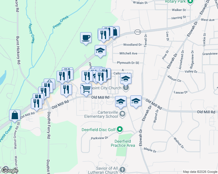 map of restaurants, bars, coffee shops, grocery stores, and more near 10 Courtyard Lane in Cartersville