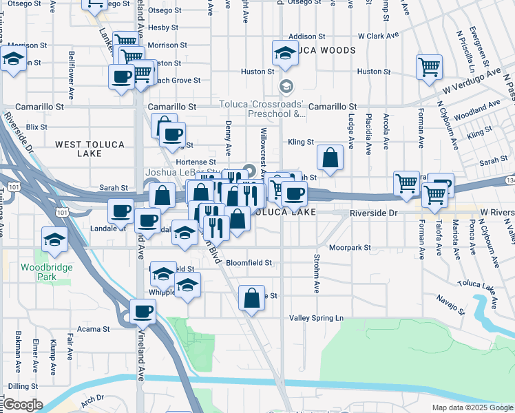 map of restaurants, bars, coffee shops, grocery stores, and more near 10654 Riverside Drive in Los Angeles