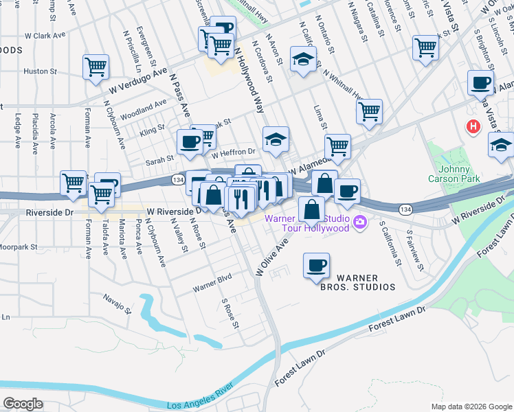 map of restaurants, bars, coffee shops, grocery stores, and more near 3901 West Riverside Drive in Burbank