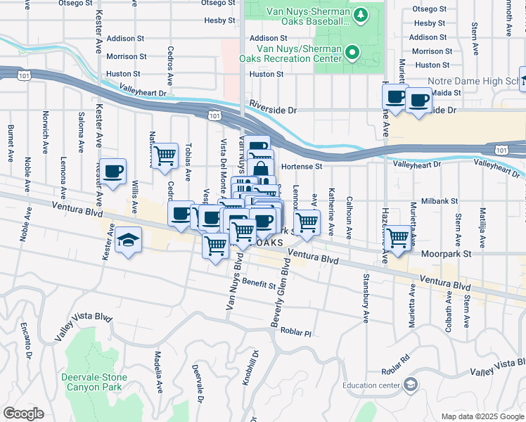 map of restaurants, bars, coffee shops, grocery stores, and more near 14445 Moorpark Street in Los Angeles