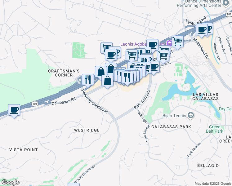 map of restaurants, bars, coffee shops, grocery stores, and more near 100 Civic Center Way in Calabasas