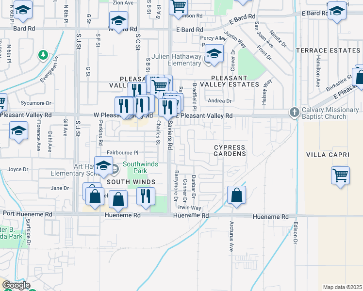 map of restaurants, bars, coffee shops, grocery stores, and more near 5225 Columbus Place in Oxnard