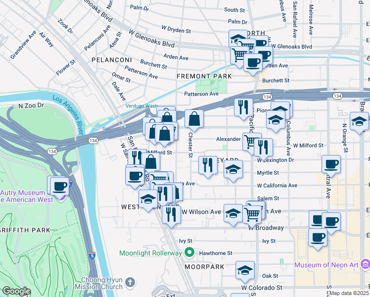 map of restaurants, bars, coffee shops, grocery stores, and more near 710 West Milford Street in Glendale
