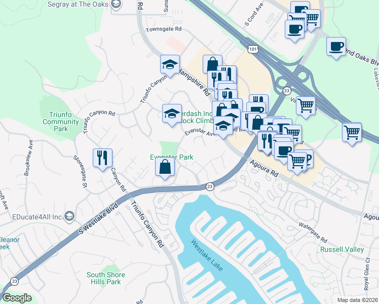 map of restaurants, bars, coffee shops, grocery stores, and more near 2355 Stormcroft Court in Westlake Village