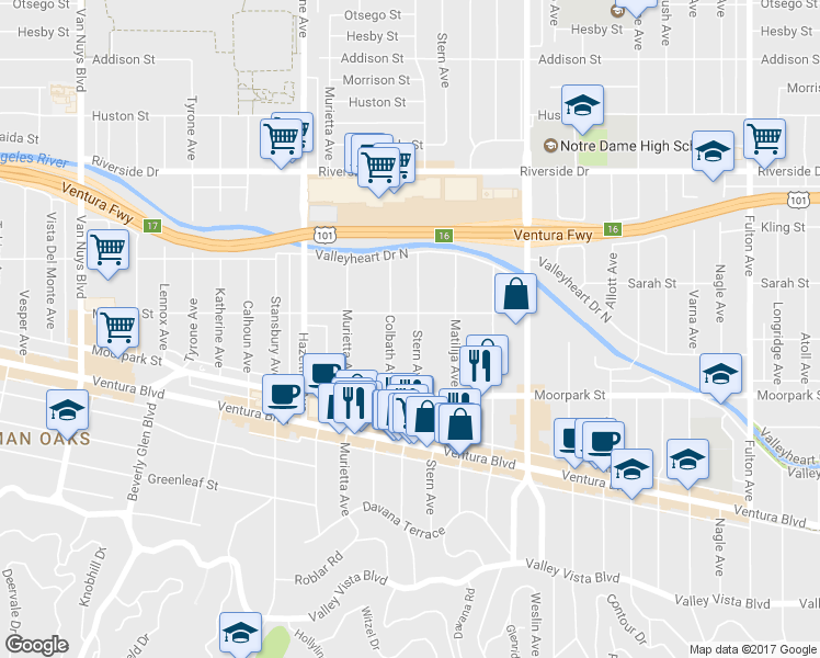 map of restaurants, bars, coffee shops, grocery stores, and more near 4475 Stern Avenue in Los Angeles