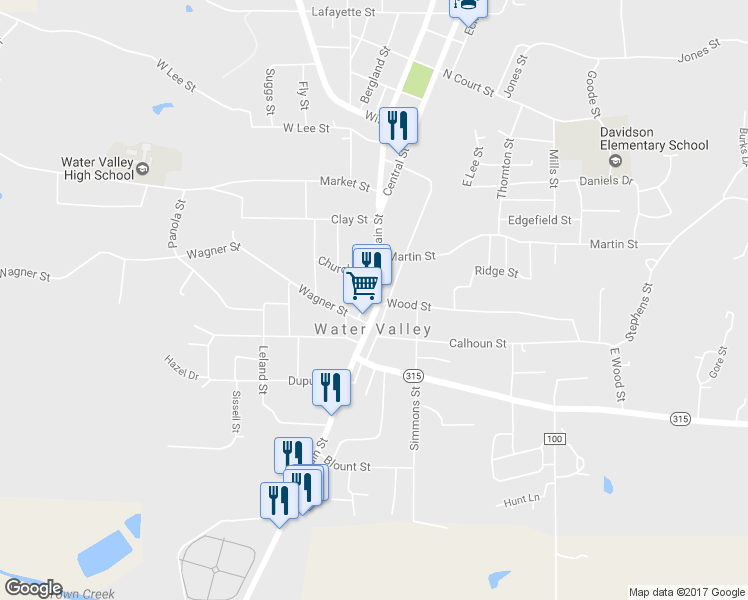 map of restaurants, bars, coffee shops, grocery stores, and more near 323 Main Street in Water Valley