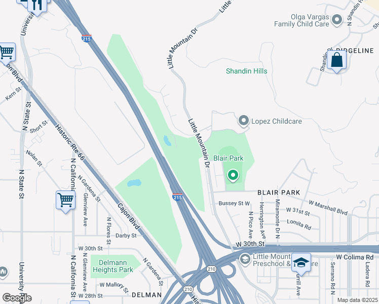 map of restaurants, bars, coffee shops, grocery stores, and more near 3380 Little Mountain Drive in San Bernardino
