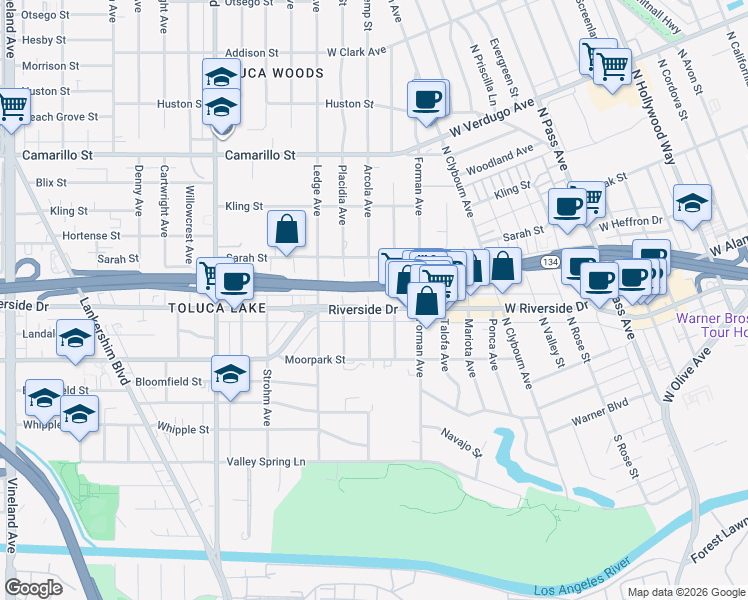 map of restaurants, bars, coffee shops, grocery stores, and more near 10255 Riverside Drive in Los Angeles