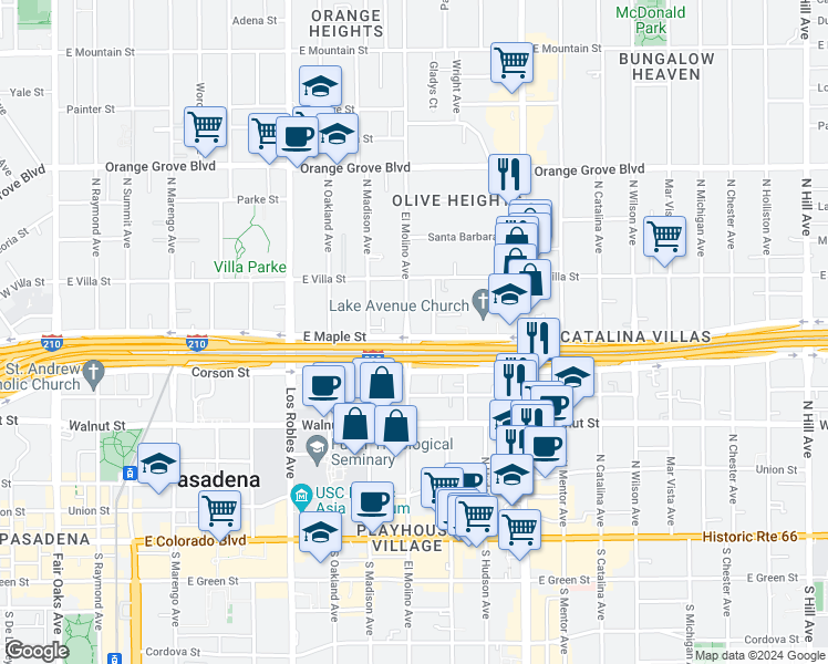map of restaurants, bars, coffee shops, grocery stores, and more near 378 North El Molino Avenue in Pasadena