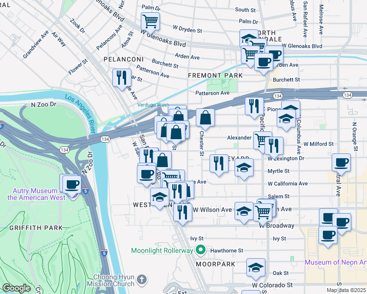 map of restaurants, bars, coffee shops, grocery stores, and more near 735 West Milford Street in Glendale