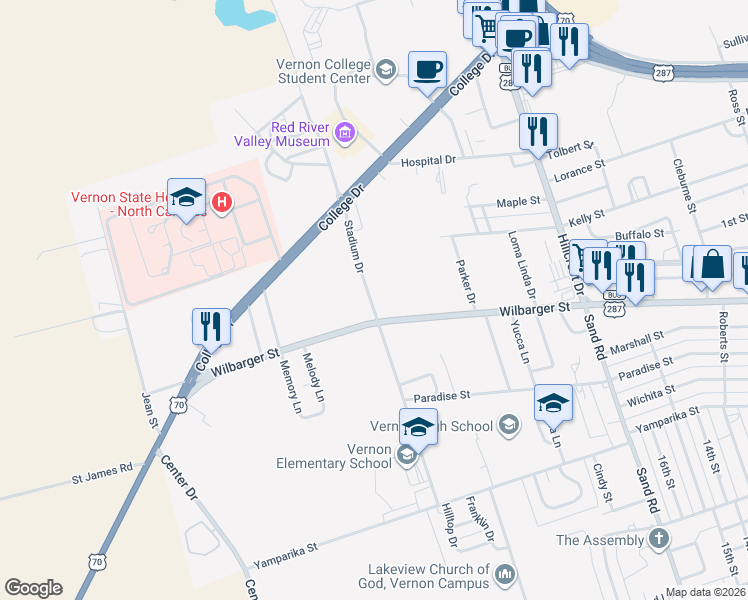 map of restaurants, bars, coffee shops, grocery stores, and more near 4718 Wilbarger Street in Vernon