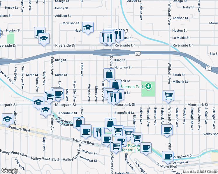 map of restaurants, bars, coffee shops, grocery stores, and more near 4511 Coldwater Canyon Avenue in Los Angeles
