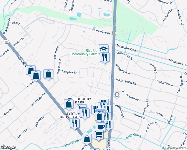 map of restaurants, bars, coffee shops, grocery stores, and more near 4620 Still Meadow Drive in Wilmington