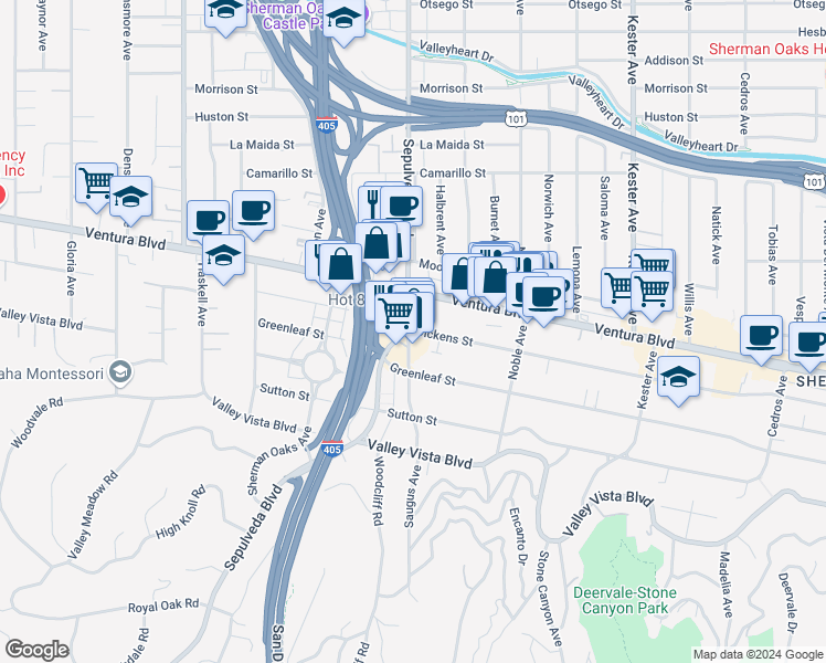 map of restaurants, bars, coffee shops, grocery stores, and more near 15159 Dickens Street in Los Angeles