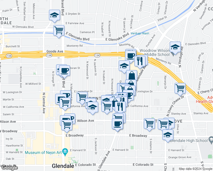 map of restaurants, bars, coffee shops, grocery stores, and more near 416 North Isabel Street in Glendale