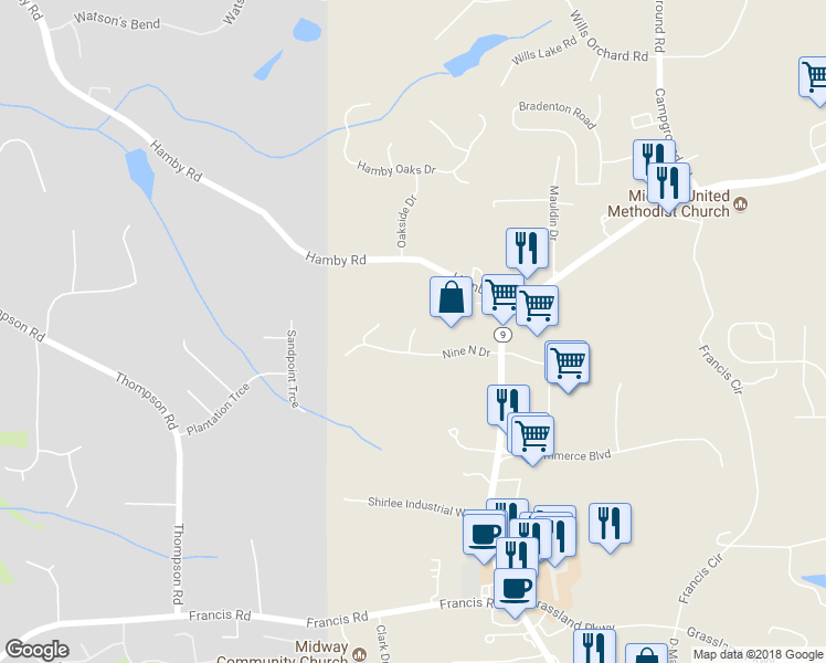 map of restaurants, bars, coffee shops, grocery stores, and more near 599 Nine North Court in Alpharetta