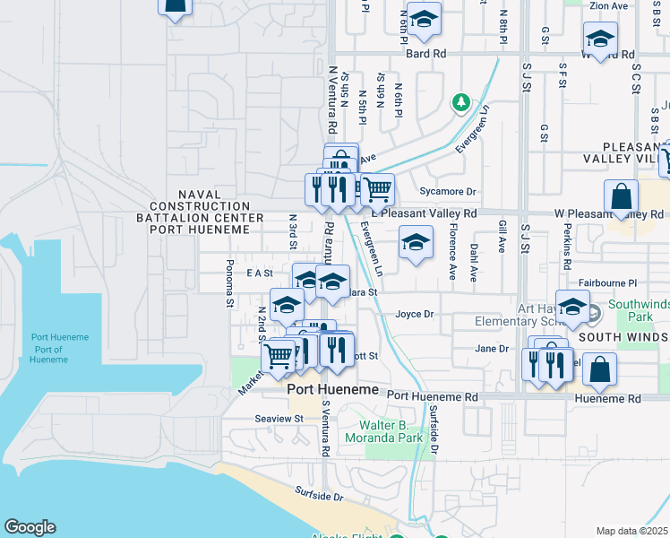 map of restaurants, bars, coffee shops, grocery stores, and more near 509 4th Place in Port Hueneme