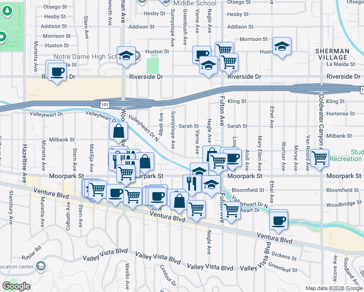 map of restaurants, bars, coffee shops, grocery stores, and more near 4525 Greenbush Avenue in Los Angeles