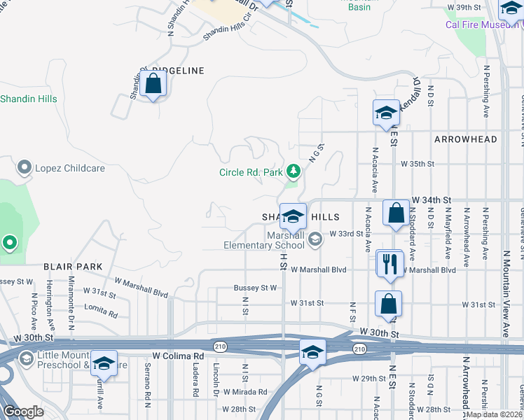 map of restaurants, bars, coffee shops, grocery stores, and more near 828 West Edgehill Road in San Bernardino