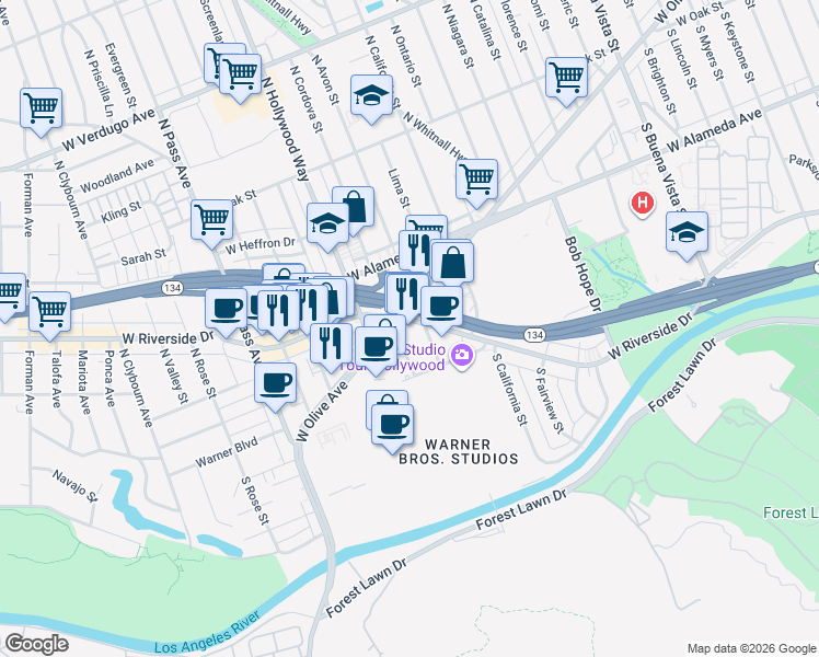 map of restaurants, bars, coffee shops, grocery stores, and more near 118 South Cordova Street in Burbank