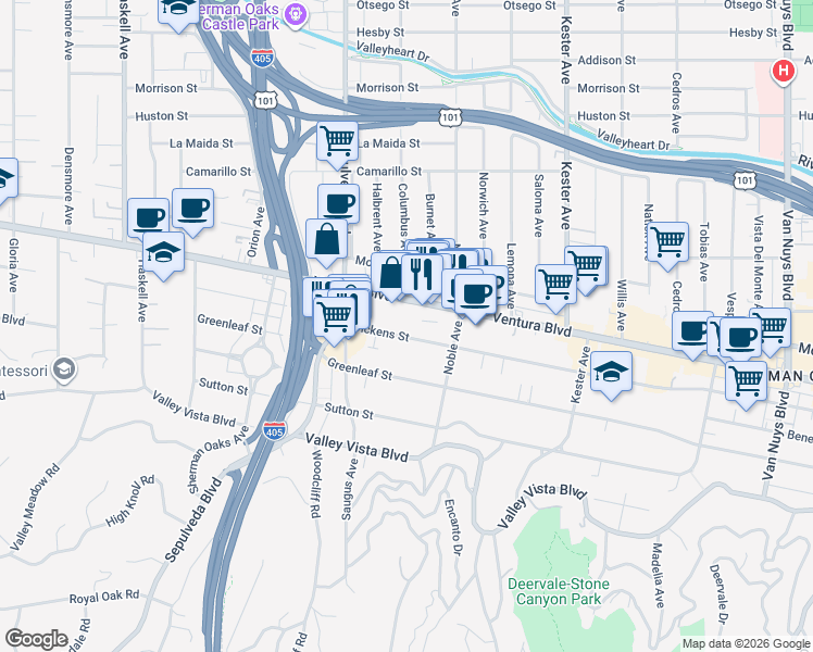 map of restaurants, bars, coffee shops, grocery stores, and more near 15159 Dickens Street in Los Angeles