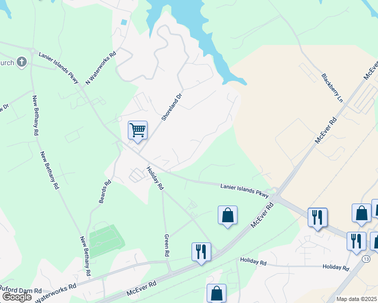 map of restaurants, bars, coffee shops, grocery stores, and more near 3200 Lee Drive in Buford