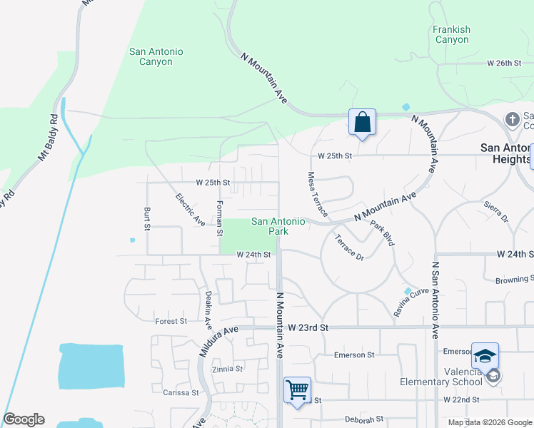 map of restaurants, bars, coffee shops, grocery stores, and more near 1230 Piedmont Drive in Upland