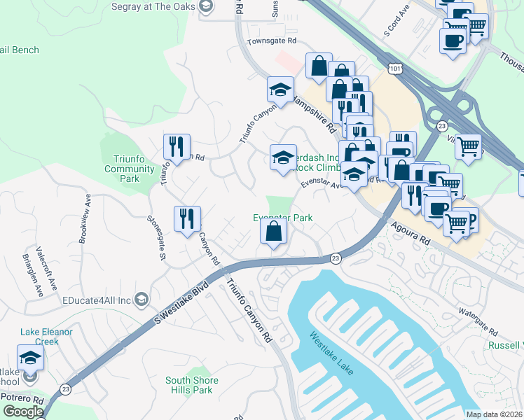 map of restaurants, bars, coffee shops, grocery stores, and more near 1023 Bradbury Court in Thousand Oaks