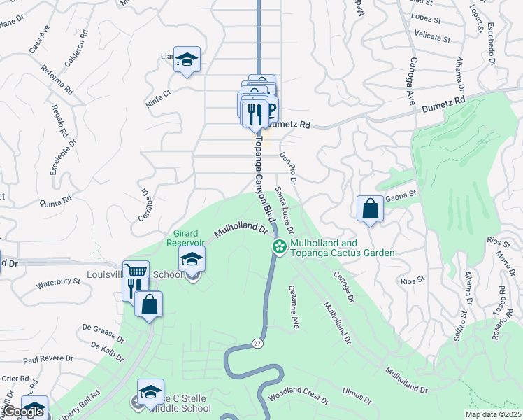 map of restaurants, bars, coffee shops, grocery stores, and more near 4731 Topanga Canyon Boulevard in Los Angeles