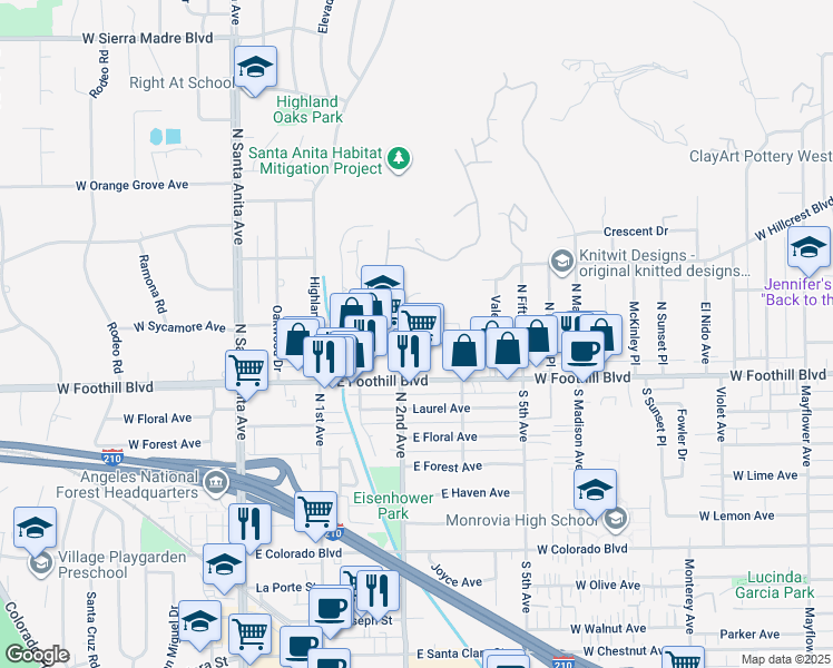 map of restaurants, bars, coffee shops, grocery stores, and more near 210 East Sycamore Avenue in Arcadia
