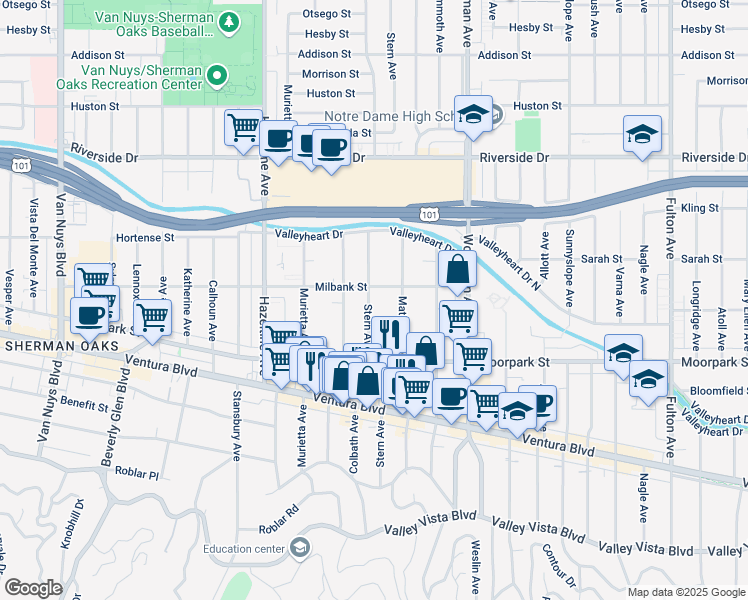 map of restaurants, bars, coffee shops, grocery stores, and more near 4434 Stern Avenue in Los Angeles