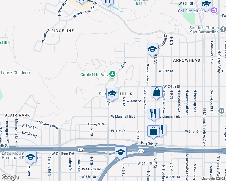 map of restaurants, bars, coffee shops, grocery stores, and more near 3492 Circle Road in San Bernardino