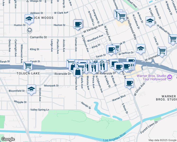 map of restaurants, bars, coffee shops, grocery stores, and more near 4508 Mariota Avenue in Los Angeles