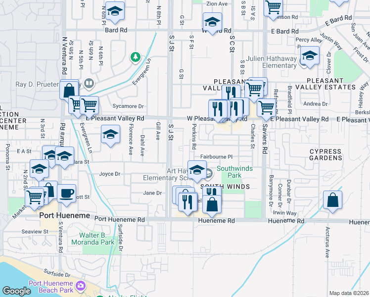 map of restaurants, bars, coffee shops, grocery stores, and more near 5233 Perkins Road in Oxnard