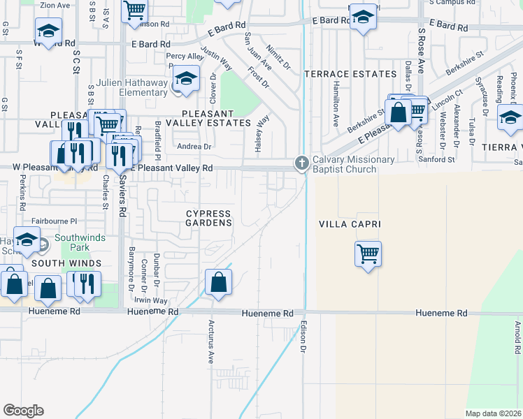 map of restaurants, bars, coffee shops, grocery stores, and more near 5269 Squires Drive in Oxnard