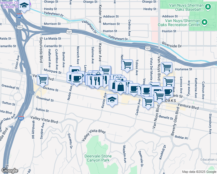 map of restaurants, bars, coffee shops, grocery stores, and more near 4480 Kester Avenue in Los Angeles
