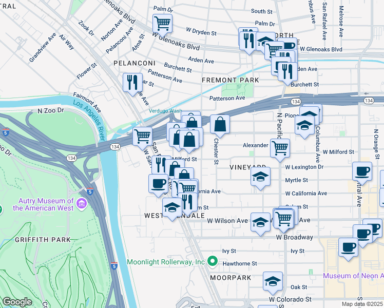 map of restaurants, bars, coffee shops, grocery stores, and more near 409 Concord Street in Glendale
