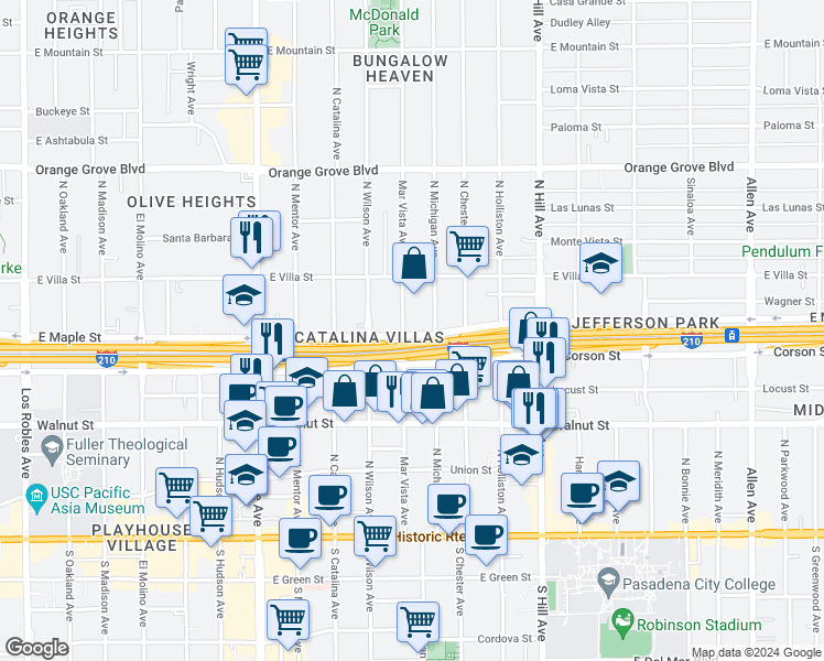 map of restaurants, bars, coffee shops, grocery stores, and more near 1165 East Maple Street in Pasadena
