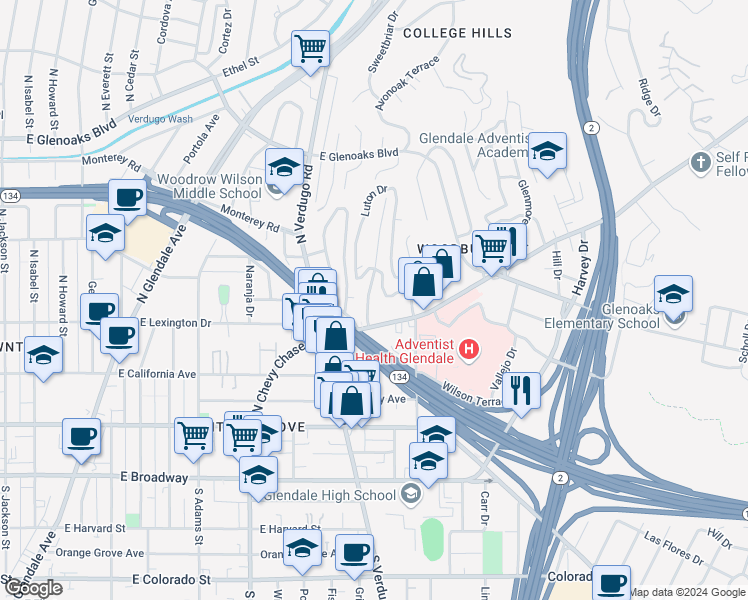 map of restaurants, bars, coffee shops, grocery stores, and more near 424 Canyon Drive in Glendale