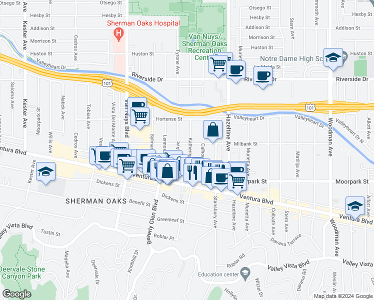 map of restaurants, bars, coffee shops, grocery stores, and more near 4455 Katherine Avenue in Los Angeles