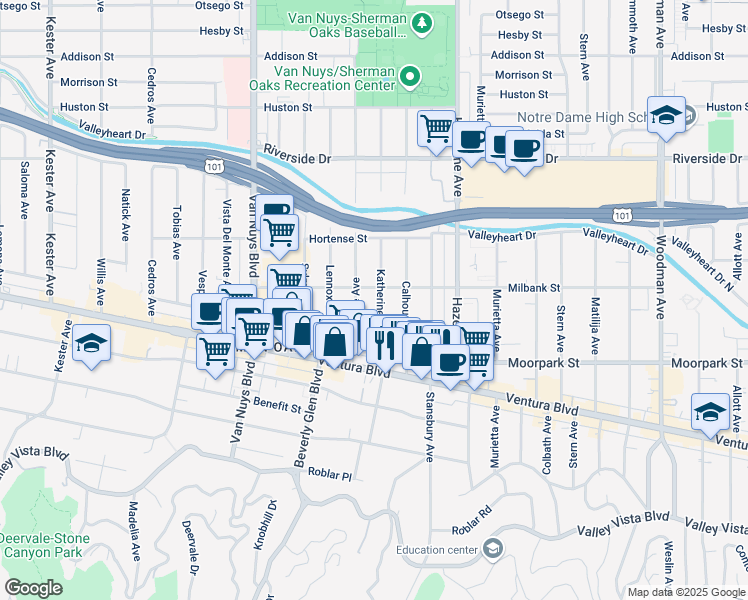 map of restaurants, bars, coffee shops, grocery stores, and more near 4440 Katherine Avenue in Los Angeles