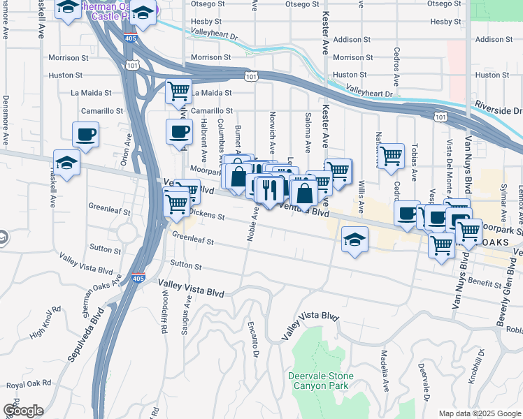 map of restaurants, bars, coffee shops, grocery stores, and more near 15060 Ventura Boulevard in Los Angeles