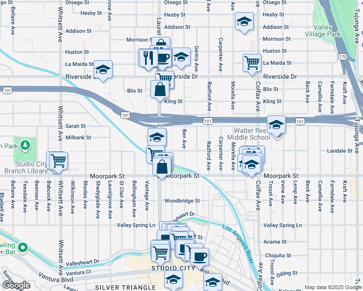 map of restaurants, bars, coffee shops, grocery stores, and more near 4515 Ben Avenue in Los Angeles
