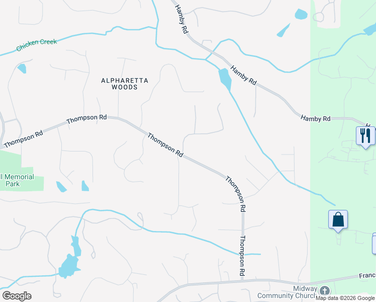 map of restaurants, bars, coffee shops, grocery stores, and more near 15795 South Thompson Road in Alpharetta