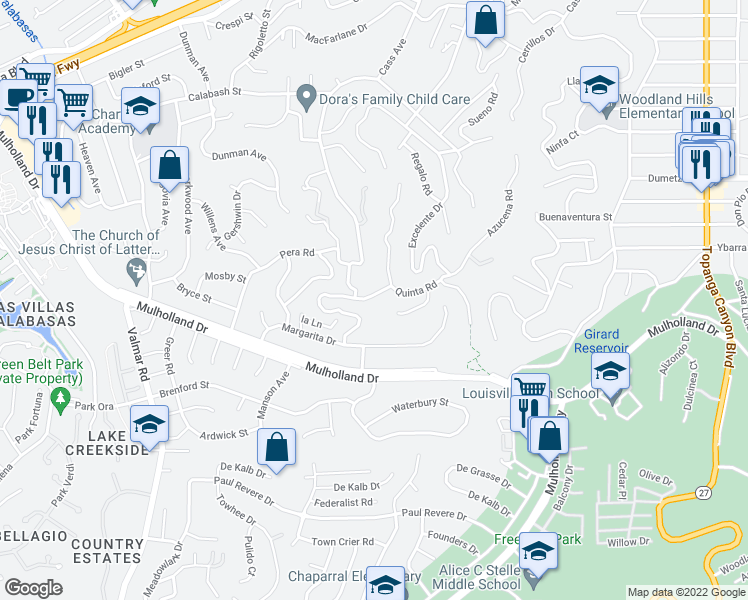 map of restaurants, bars, coffee shops, grocery stores, and more near 22628 Quinta Road in Los Angeles