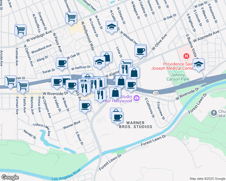 map of restaurants, bars, coffee shops, grocery stores, and more near 3601 West Olive Avenue in Burbank