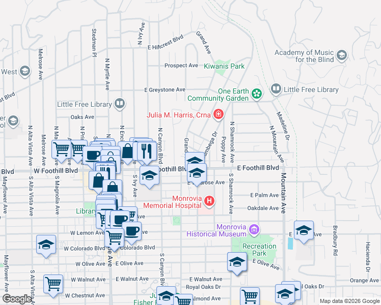 map of restaurants, bars, coffee shops, grocery stores, and more near 105C Grand Avenue in Monrovia