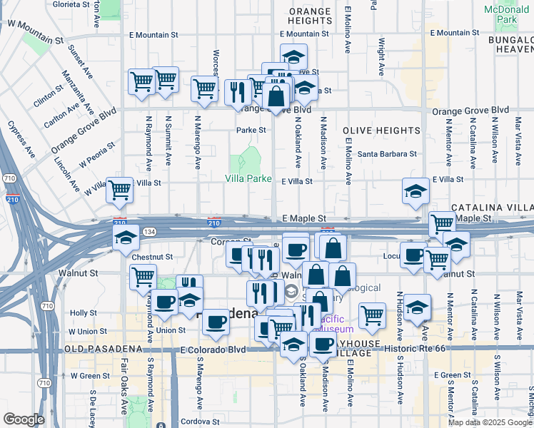 map of restaurants, bars, coffee shops, grocery stores, and more near in Pasadena